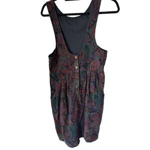 Vintage Handmade Boho Paisley Overalls Corduroy Dress – Size XS/S Festival Retro